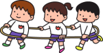 輪っかになった縄で遊ぶ一人の女の子と二人の男の子のイラスト