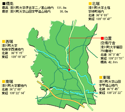 町役場位置・町東西南北端位置の緯度経度・最低標高・最高標高などを示した地形図