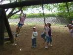 綱のアスレチックで遊ぶ三人の子どもの写真