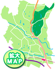 左下にある緑色の円フレームの中に白字に緑色の枠で囲まれた文字で拡大MAPと書かれている滑川町全体の地図
