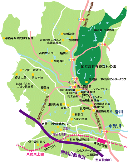 関越自動車道と県道および東武東上線の駅名や川の流れや建物名などを詳細に描いた全体的に緑色の滑川町内の地図