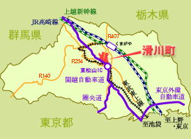 背景が黄土色で栃木県群馬県東京都に囲まれた埼玉県の中に赤字で滑川町と書かれた地図