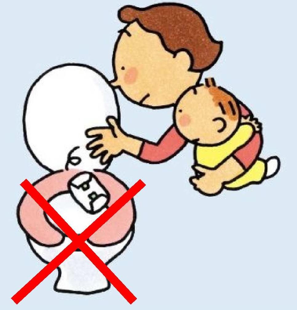 赤ちゃんを抱いた女性がトイレにオムツを流そうとしているイラスト