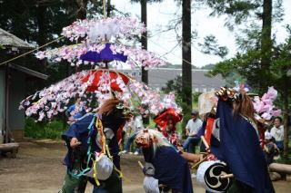 滑川町にある福田熊野神社で腰に付けた太鼓を両手に持った木鉢で叩きながら舞い踊る三匹の獅子舞とそれに連動するように回る竹ヒゴにピンク色の紙で作った花をあしらった万灯の写真